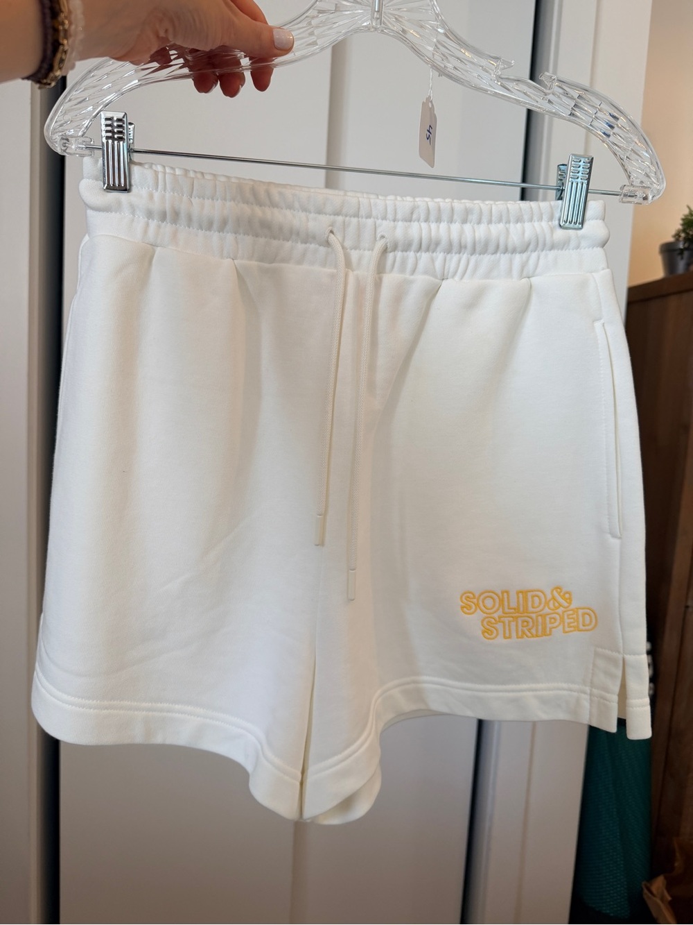 SOLID & STRIPED White Lounge Drawstring Shorts with Yellow Logo